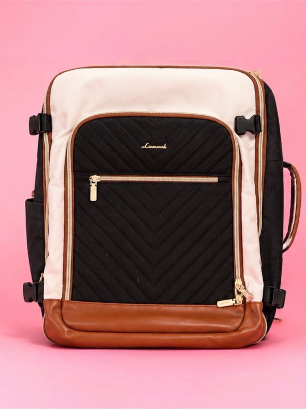 Lovevook Black & Cream Travel Backpack with Brown Trim